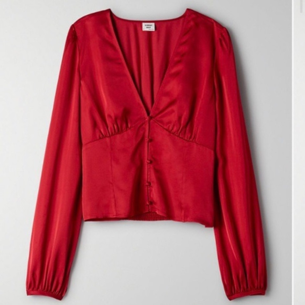 Aritzia Satin Red Long-Sleeve V-Neck Button Front Blouse